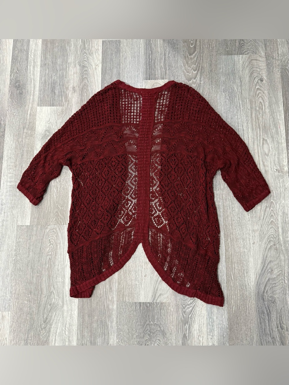 Women's Burgundy Oversized Crochet Knit Open Front Cardigan Boho Kimono Sweater - Picture 2 of 6